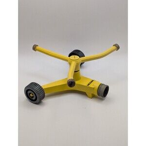 Vintage Nelson  Poppy rotating Sprinkler Lawn Water Metal 3 Arm Yellow W/Wheels